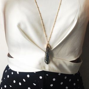 Long Black Crystal Stone Pendant Necklace